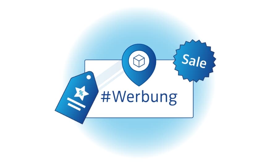 Rechteck mit der Aufschrift #Werbung neben einem Sale Sticker, Standort Marker und Preisschild